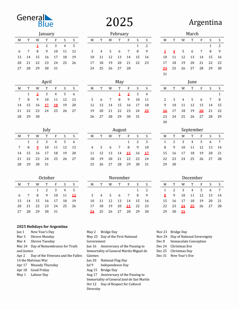 Free Argentina Holidays Calendar for Year 2025 - Monday Start