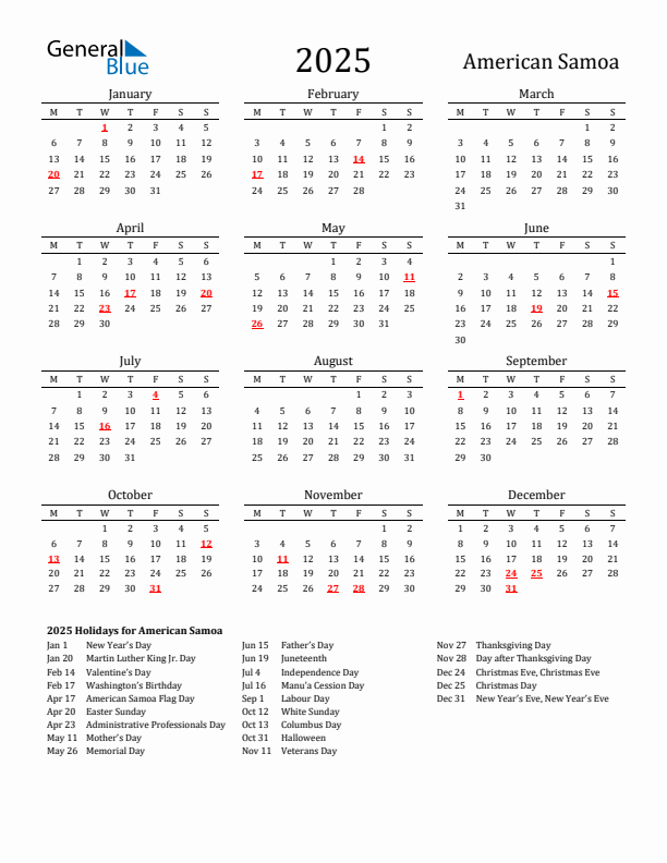 American Samoa Holidays Calendar for 2025