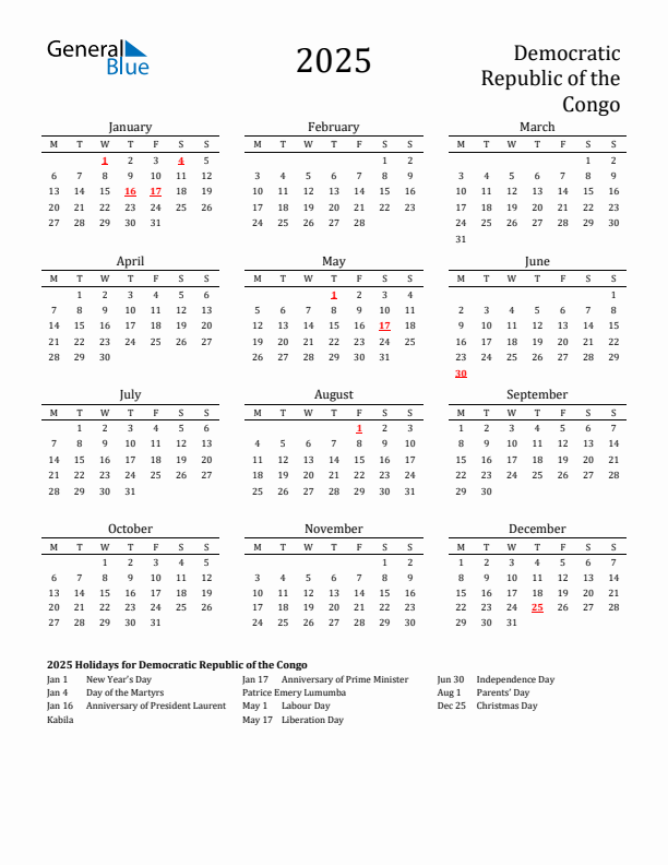 Democratic Republic of the Congo Holidays Calendar for 2025