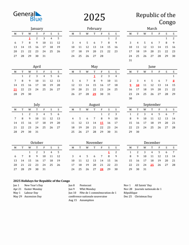 Republic of the Congo Holidays Calendar for 2025