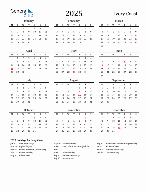 Ivory Coast Holidays Calendar for 2025