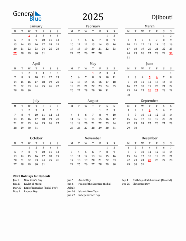Djibouti Holidays Calendar for 2025