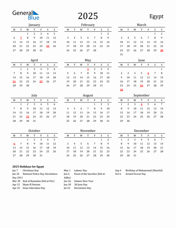Egypt Holidays Calendar for 2025