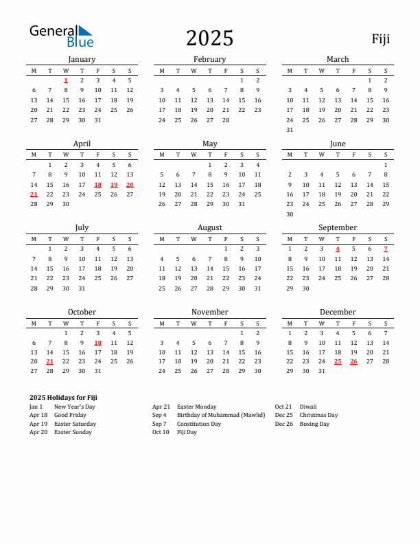 Fiji Holidays Calendar for 2025