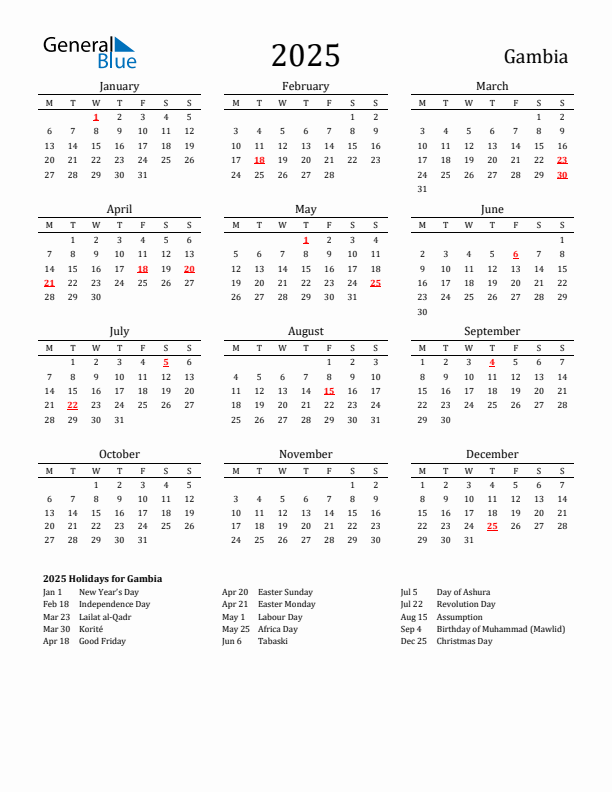 Gambia Holidays Calendar for 2025