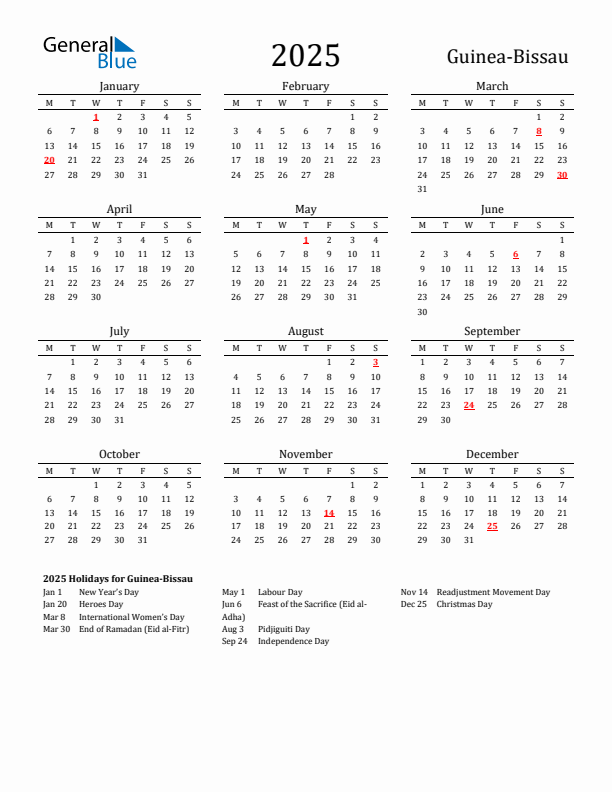 Guinea-Bissau Holidays Calendar for 2025