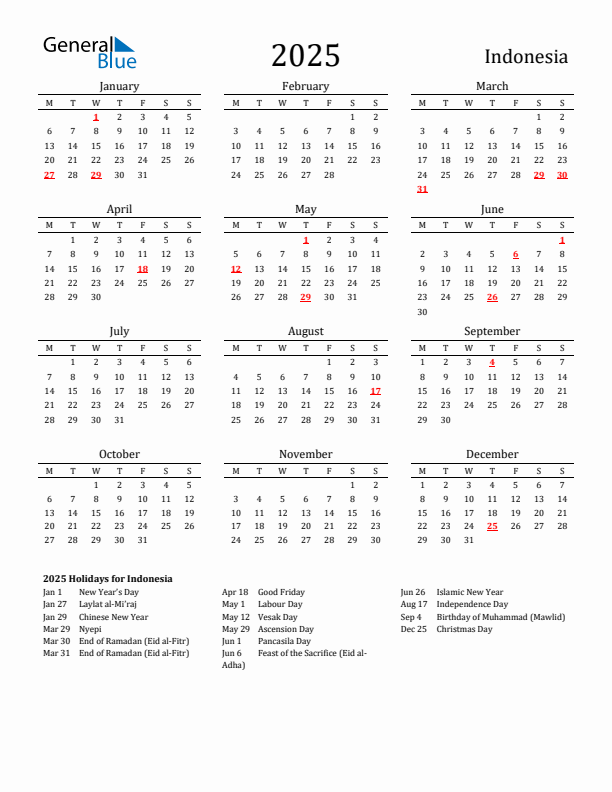 Indonesia Holidays Calendar for 2025