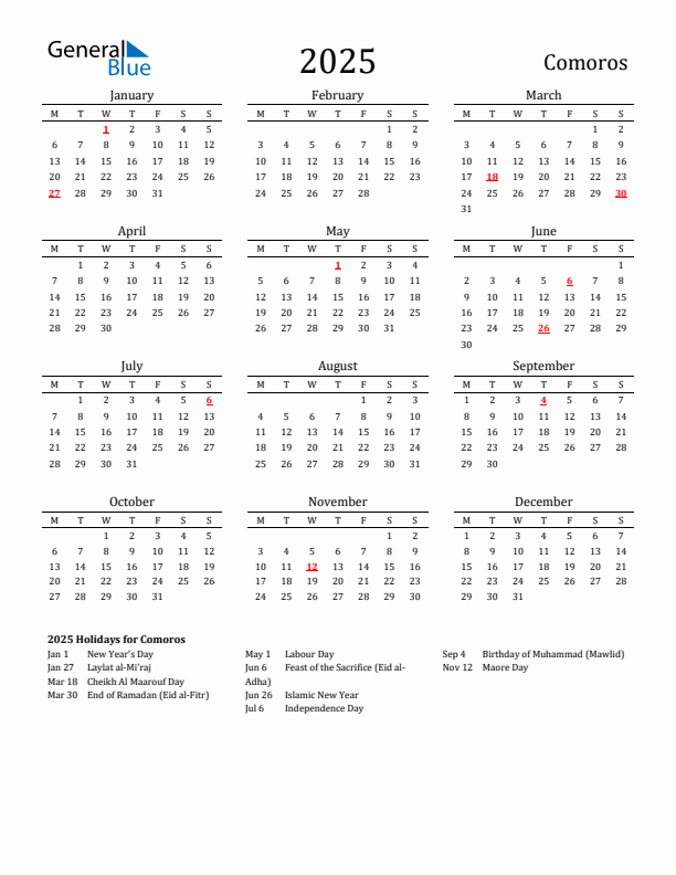 Comoros Holidays Calendar for 2025