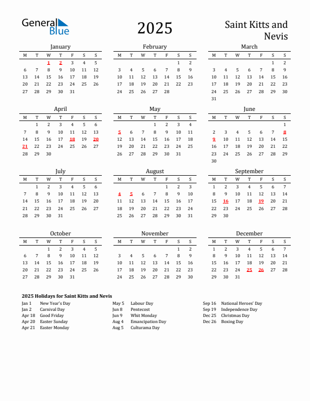 Saint Kitts and Nevis Holidays Calendar for 2025