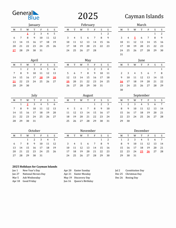 Cayman Islands Holidays Calendar for 2025