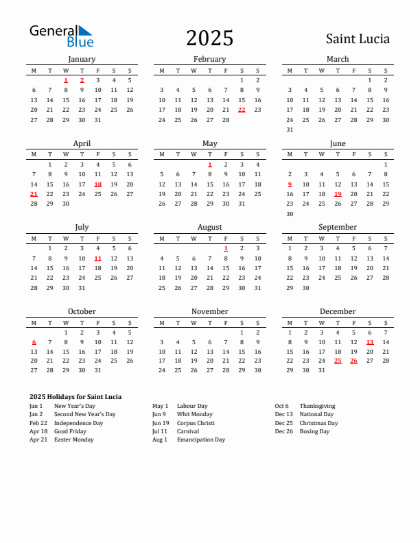 Saint Lucia Holidays Calendar for 2025