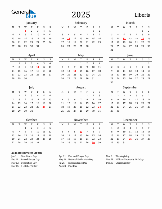 Liberia Holidays Calendar for 2025