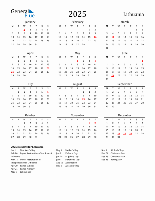 Lithuania Holidays Calendar for 2025
