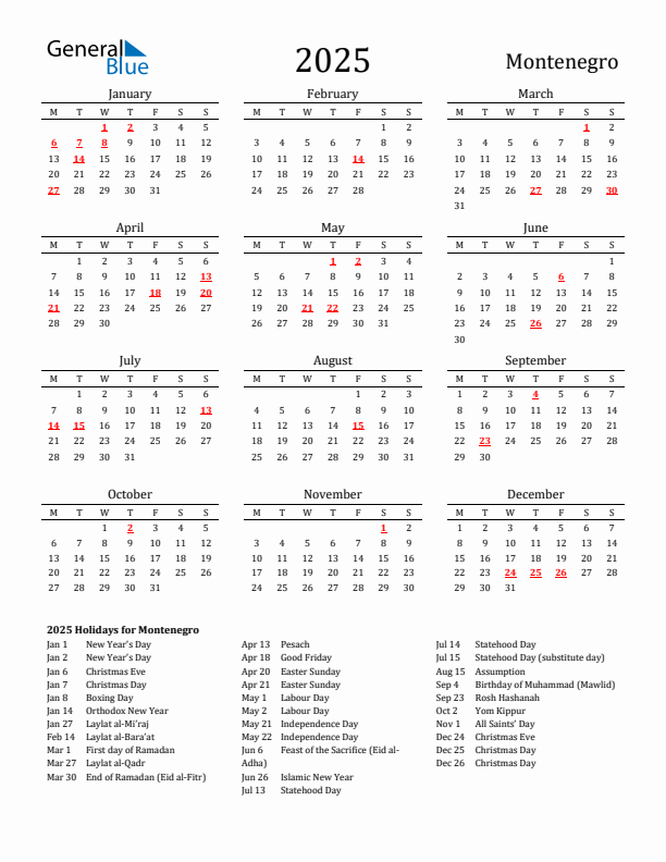 Montenegro Holidays Calendar for 2025