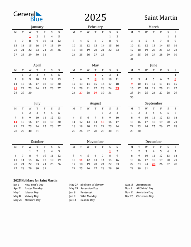 Saint Martin Holidays Calendar for 2025