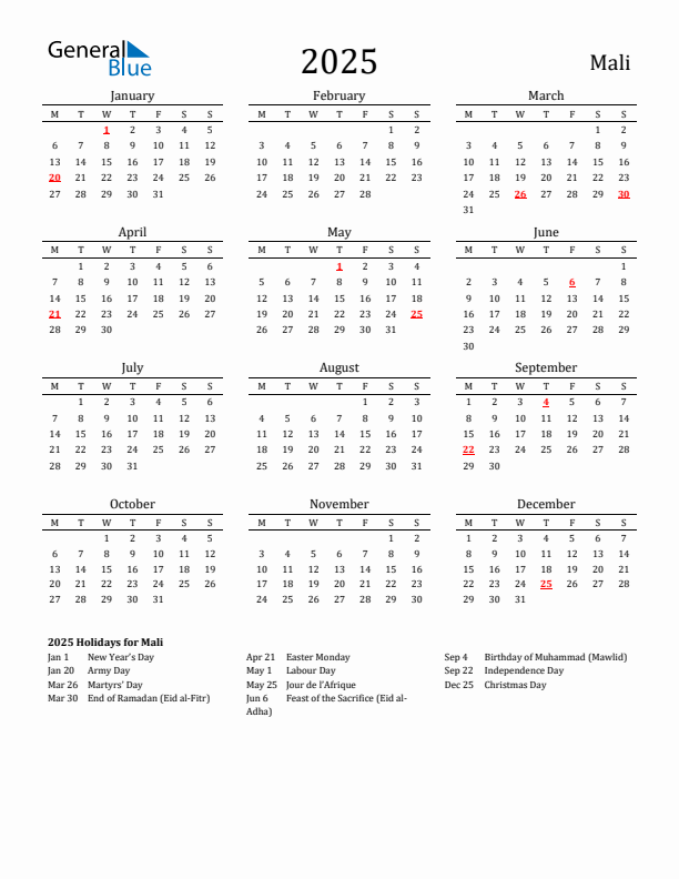 Mali Holidays Calendar for 2025