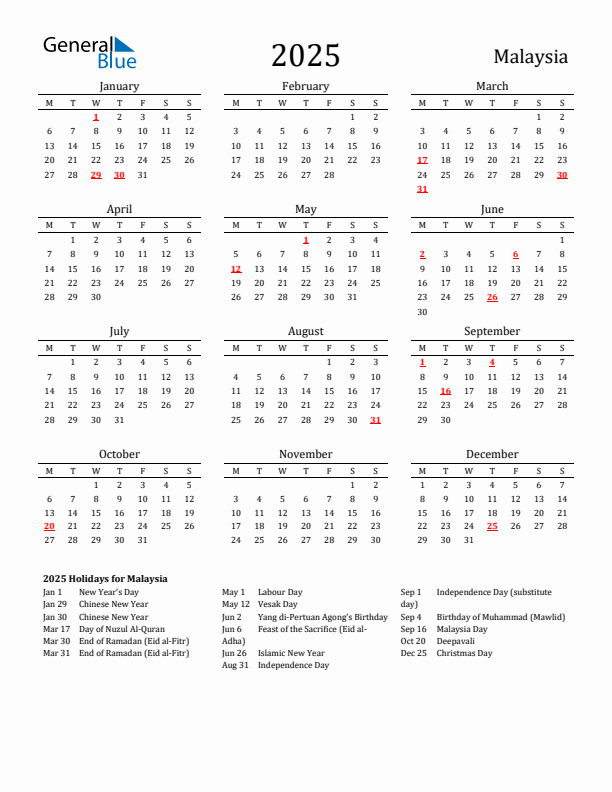 Malaysia Holidays Calendar for 2025