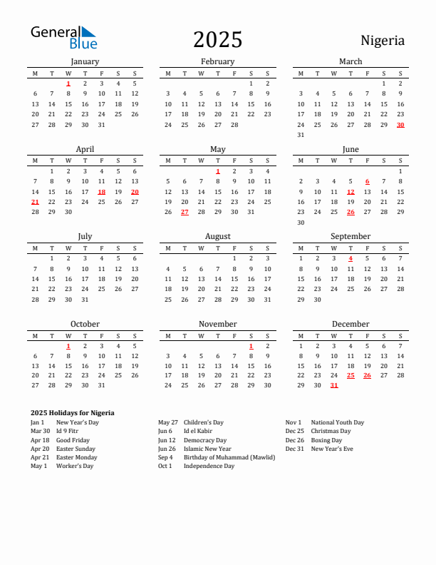 Nigeria Holidays Calendar for 2025