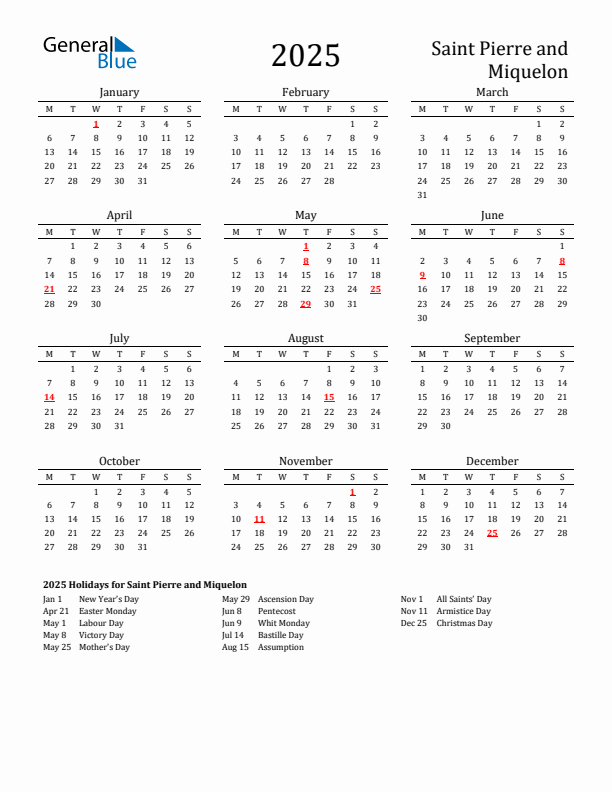 Saint Pierre and Miquelon Holidays Calendar for 2025