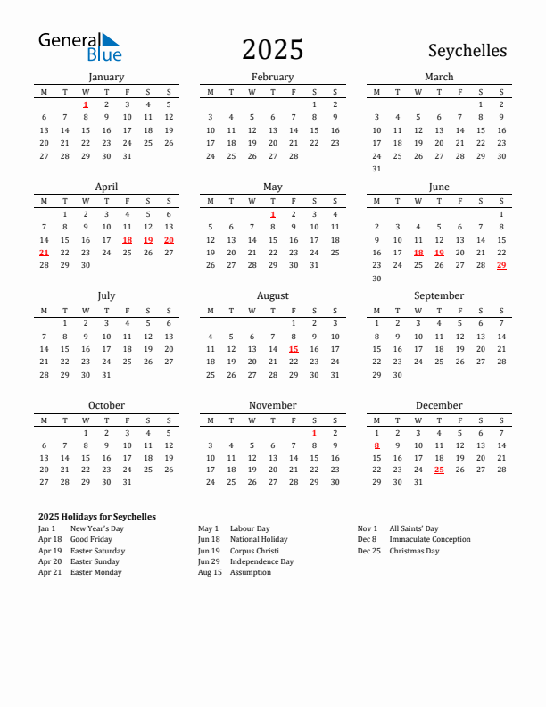 Seychelles Holidays Calendar for 2025