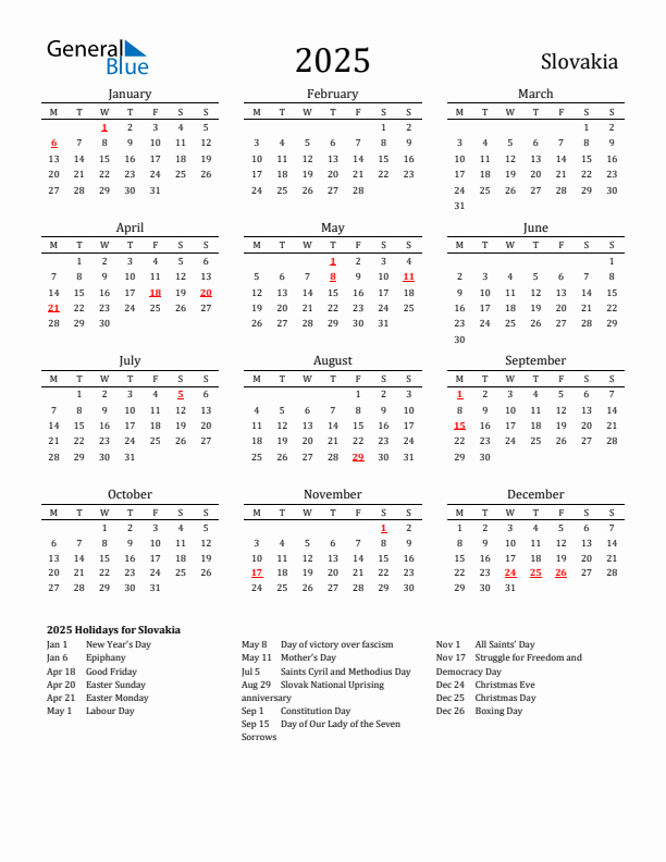 Slovakia Holidays Calendar for 2025