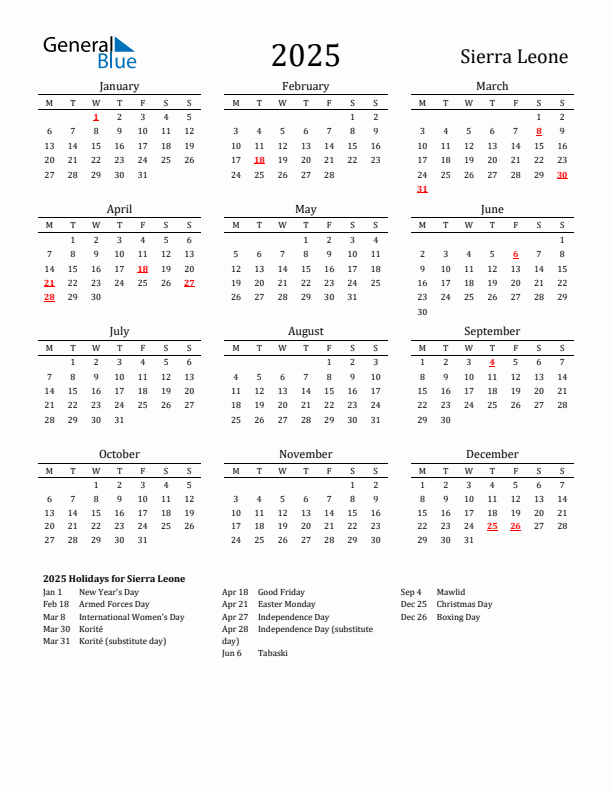 Sierra Leone Holidays Calendar for 2025