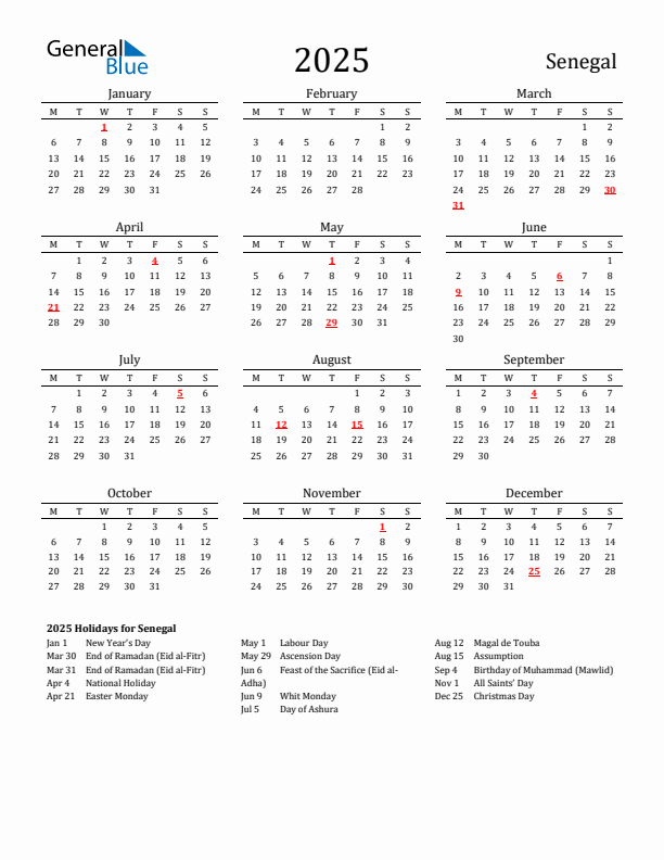 Senegal Holidays Calendar for 2025