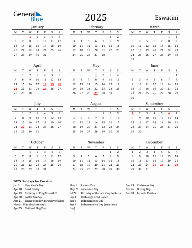 Eswatini Holidays Calendar for 2025