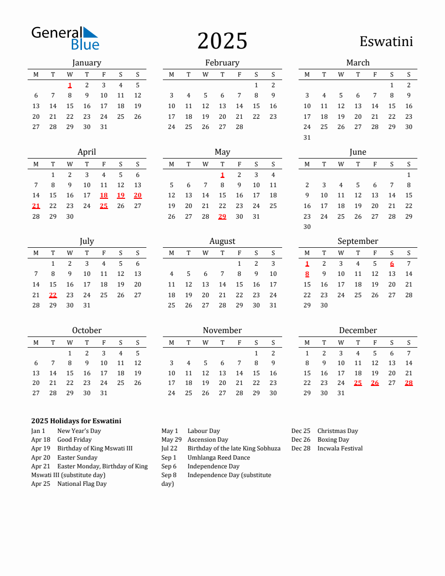 Free Eswatini Holidays Calendar for Year 2025 - Monday Start