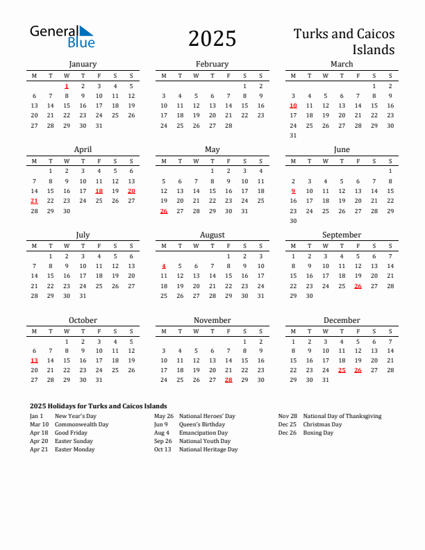 Turks and Caicos Islands Holidays Calendar for 2025