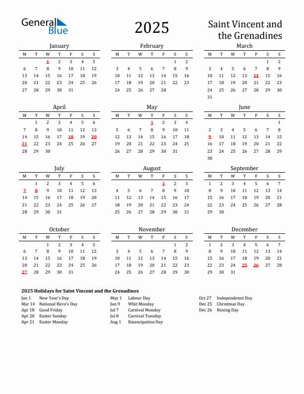 Saint Vincent and the Grenadines Holidays Calendar for 2025