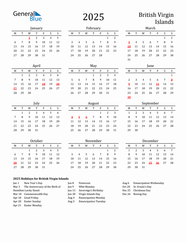 British Virgin Islands Holidays Calendar for 2025