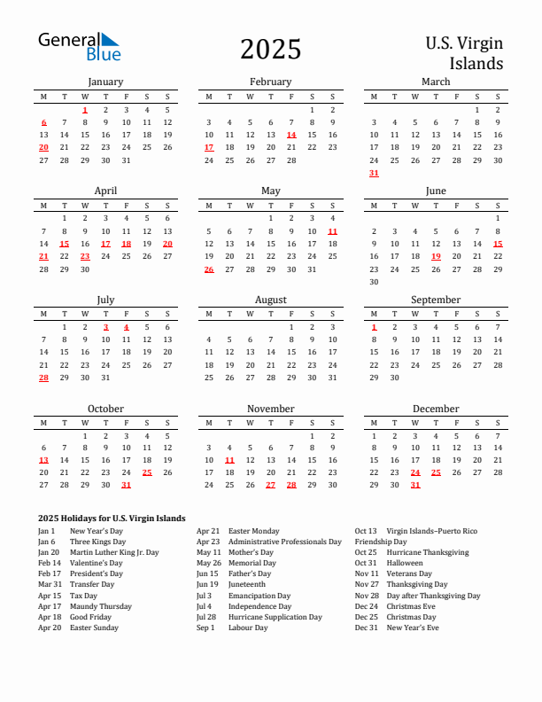 U.S. Virgin Islands Holidays Calendar for 2025