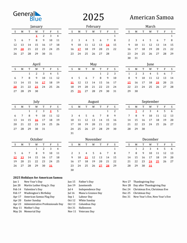 American Samoa Holidays Calendar for 2025