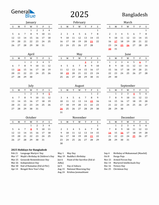 2025 Bangladesh Calendar with Holidays