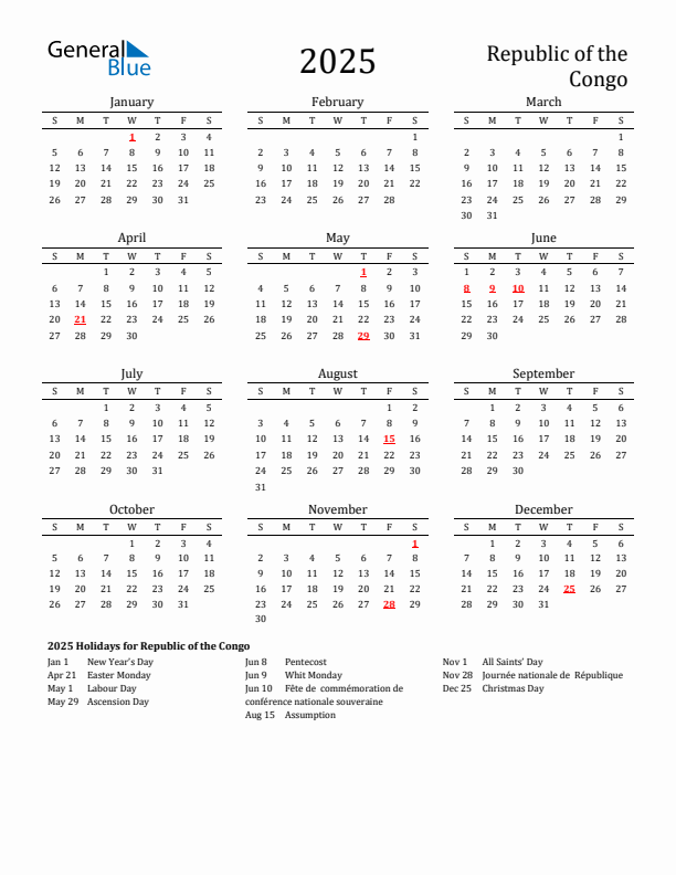 Republic of the Congo Holidays Calendar for 2025