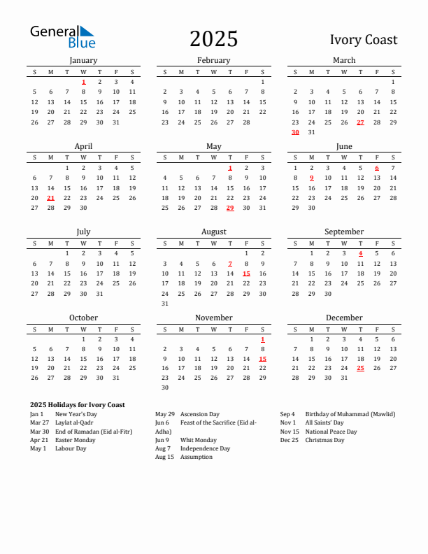 Ivory Coast Holidays Calendar for 2025