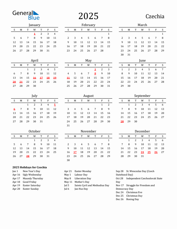 Czechia Holidays Calendar for 2025