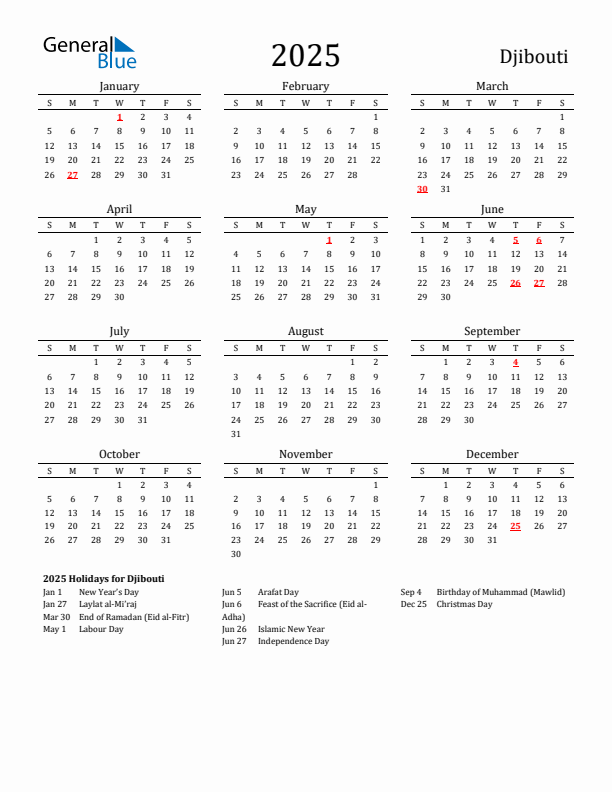 Djibouti Holidays Calendar for 2025