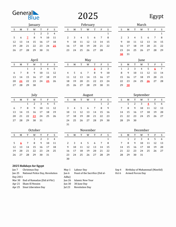 Egypt Holidays Calendar for 2025