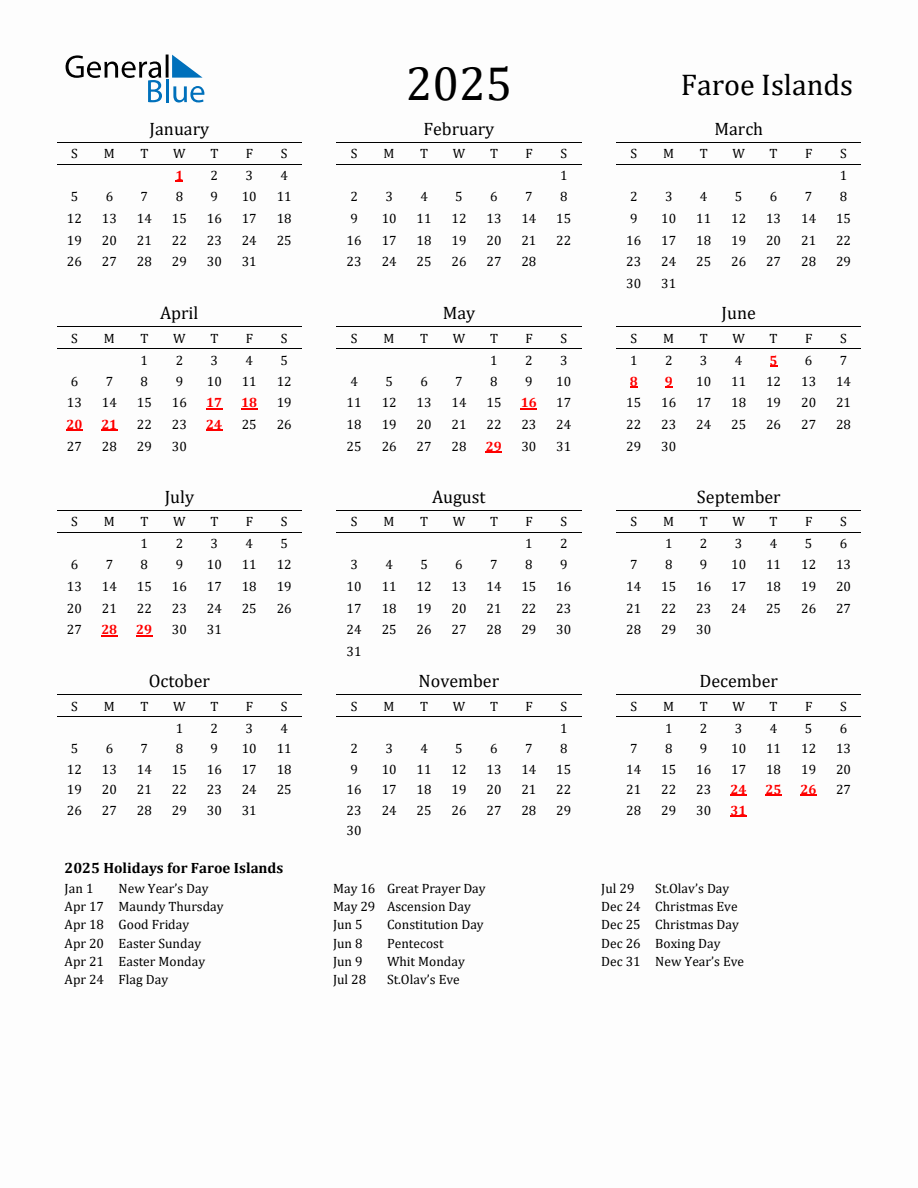 Free Faroe Islands Holidays Calendar for Year 2025