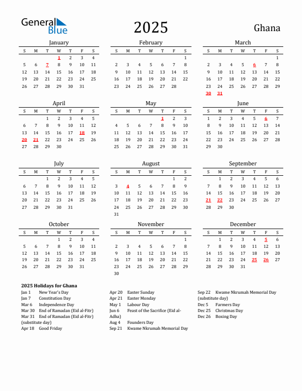Ghana Holidays Calendar for 2025