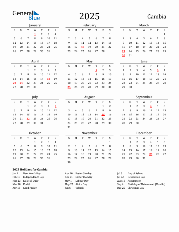 Gambia Holidays Calendar for 2025