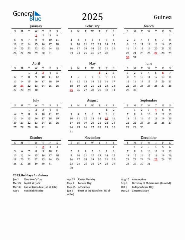 Guinea Holidays Calendar for 2025