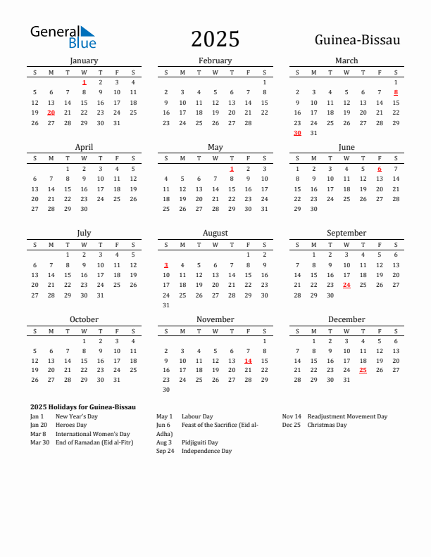 Guinea-Bissau Holidays Calendar for 2025