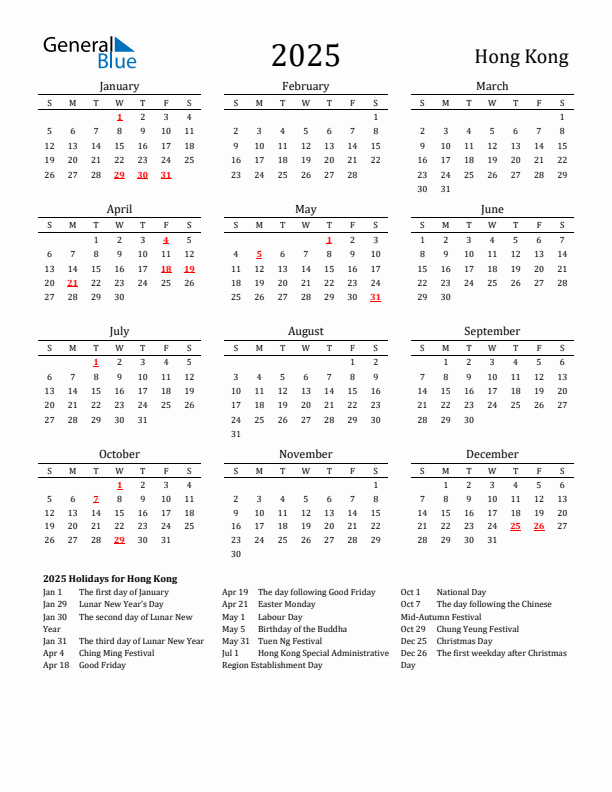 Hong Kong Holidays Calendar for 2025