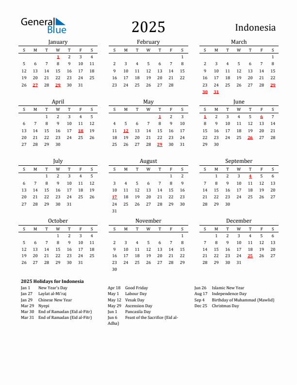 Indonesia Holidays Calendar for 2025