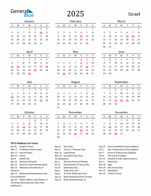 Israel Holidays Calendar for 2025