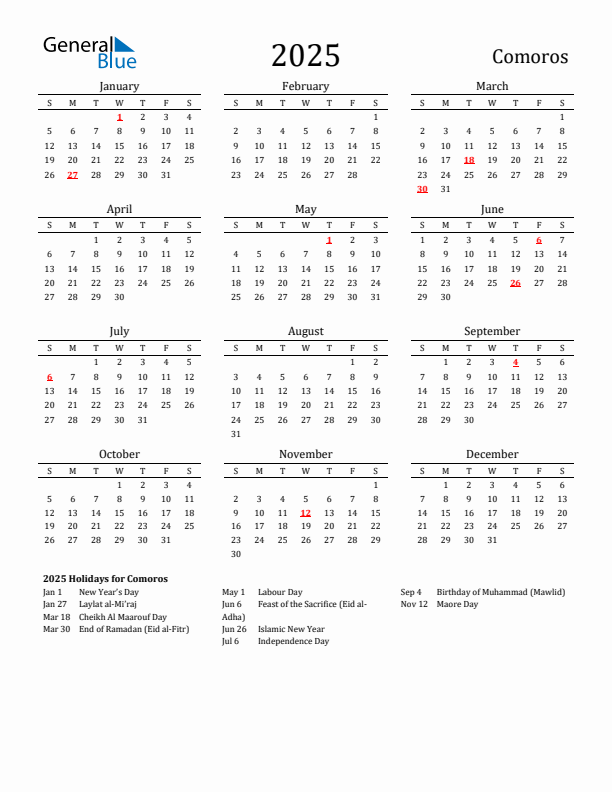 Comoros Holidays Calendar for 2025