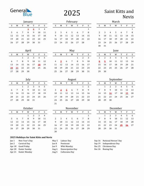 Saint Kitts and Nevis Holidays Calendar for 2025